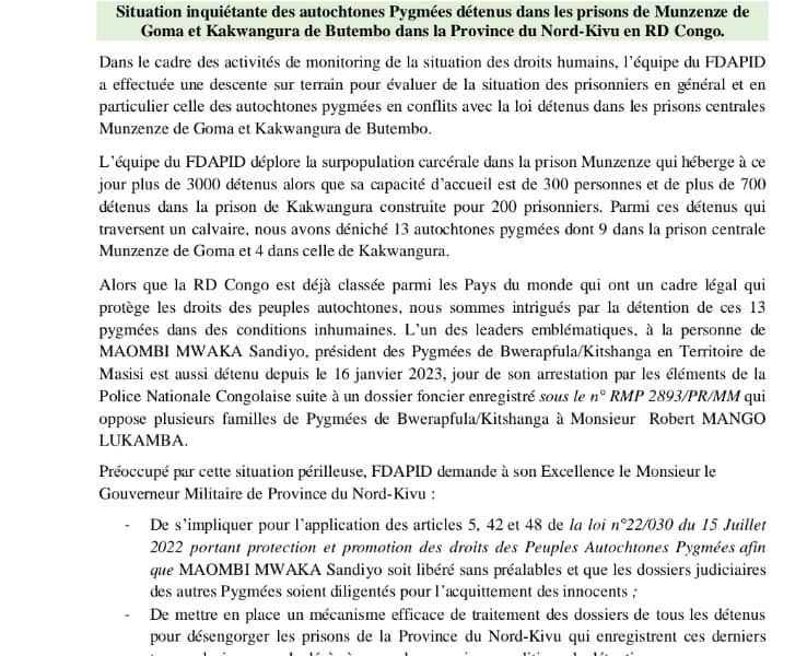 Appel urgent du FDAPID sur la détérioration des conditions carcérales dans les prisons du Nord Kivu en RD Congo.